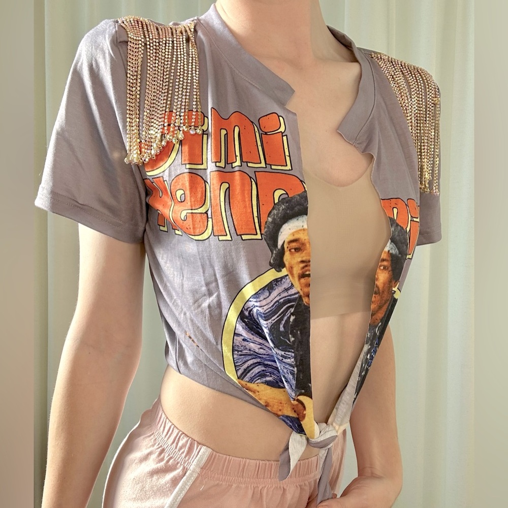 Jimi Hendrix tied crop top with rhinestone tassels